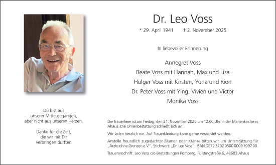 Traueranzeige von Dr. Leo Voss von Tageszeitung
