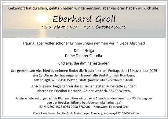 Traueranzeige von Eberhard Groll von Tageszeitung