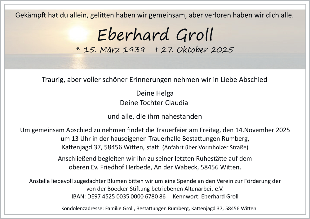  Traueranzeige für Eberhard Groll vom 08.11.2025 aus Tageszeitung