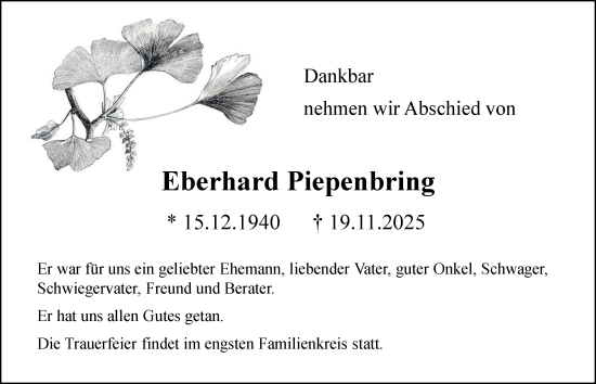 Traueranzeige von Eberhard Piepenbring von Tageszeitung