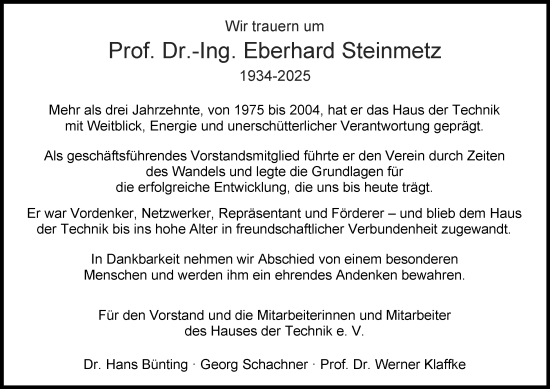 Traueranzeige von Eberhard Steinmetz von Tageszeitung