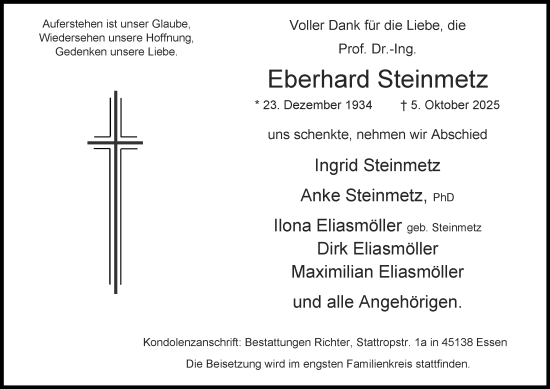 Traueranzeige von Eberhard Steinmetz von Tageszeitung
