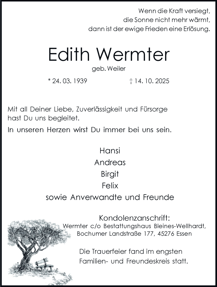  Traueranzeige für Edith Wermter vom 08.11.2025 aus Tageszeitung