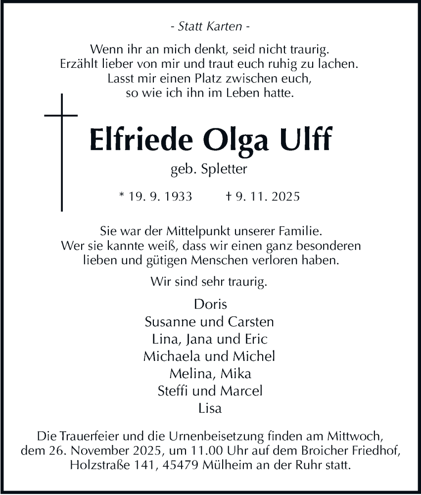  Traueranzeige für Elfriede Olga Ulff vom 15.11.2025 aus Tageszeitung