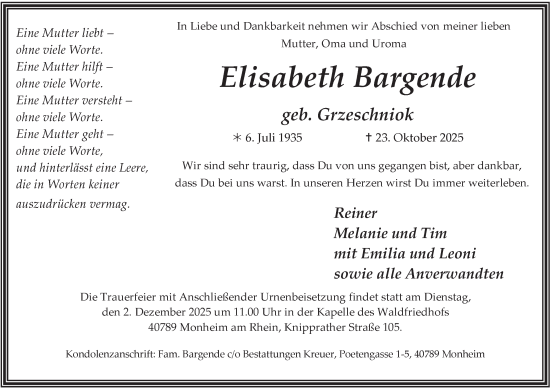 Traueranzeige von Elisabeth Bargende von Tageszeitung