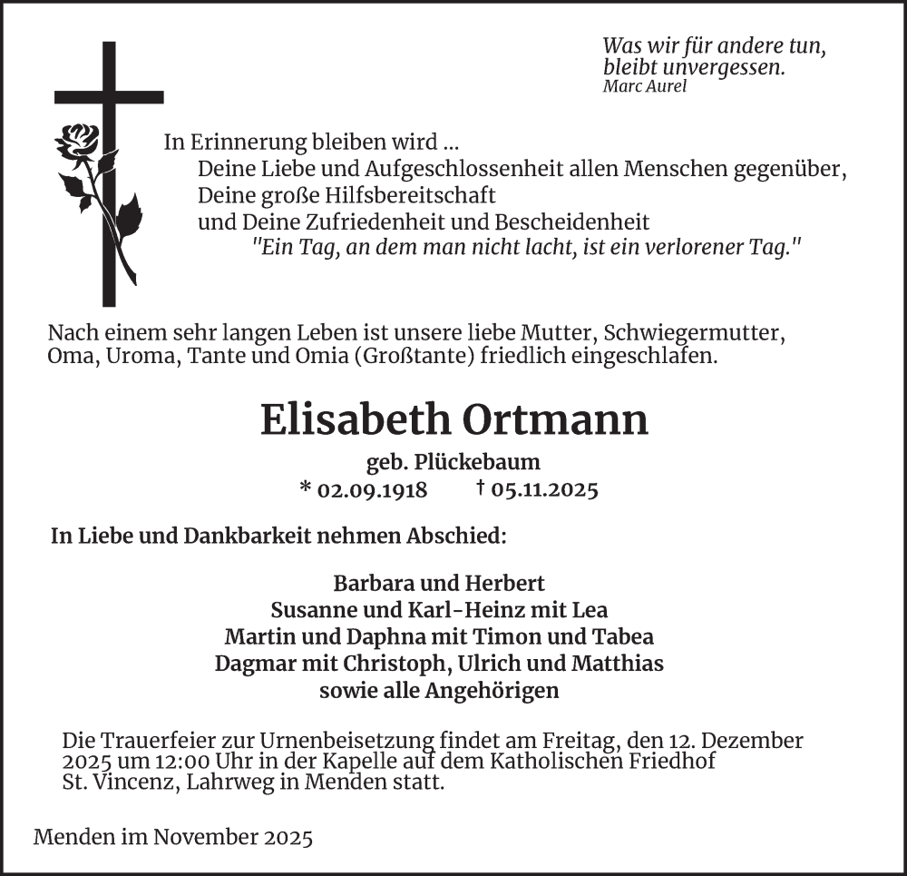  Traueranzeige für Elisabeth Ortmann vom 22.11.2025 aus Tageszeitung