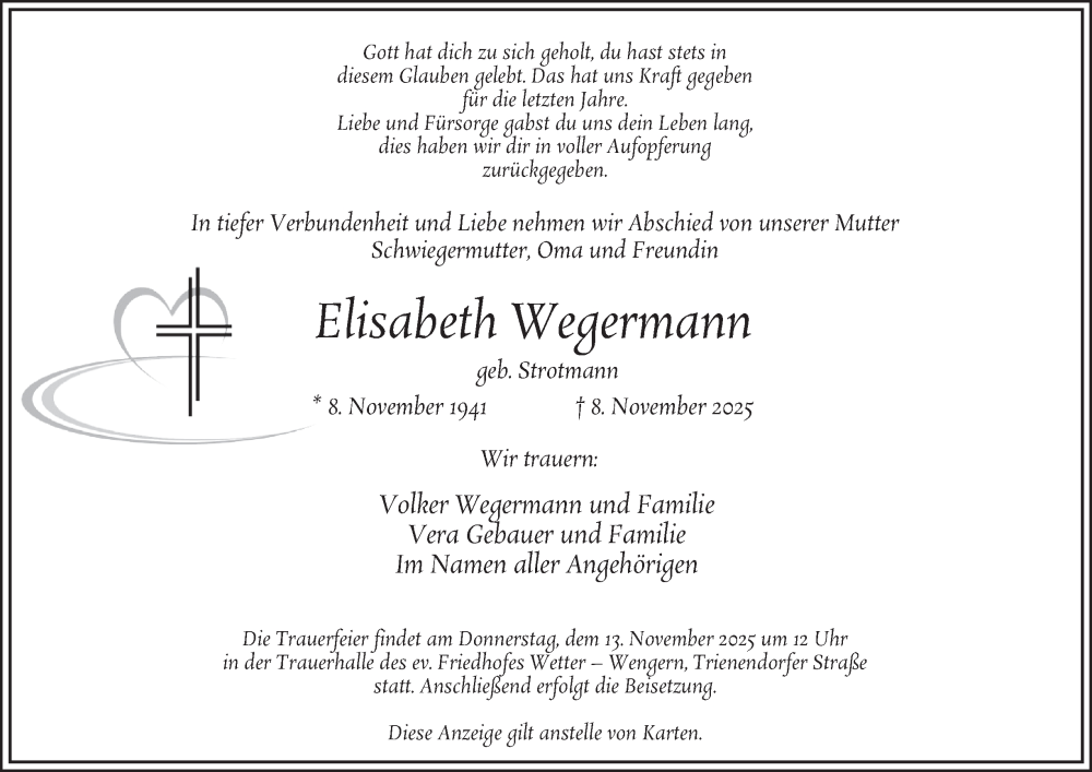  Traueranzeige für Elisabeth Wegermann vom 12.11.2025 aus Tageszeitung
