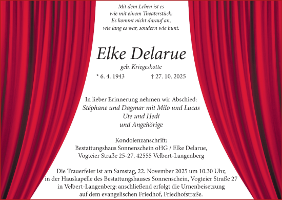 Traueranzeige von Elke Delarue von Tageszeitung