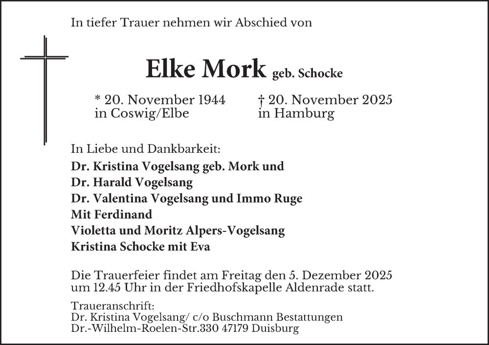  Traueranzeige für Elke Mork vom 29.11.2025 aus Tageszeitung