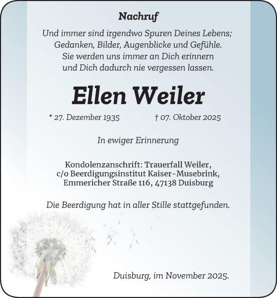 Traueranzeige von Ellen Weiler von Tageszeitung