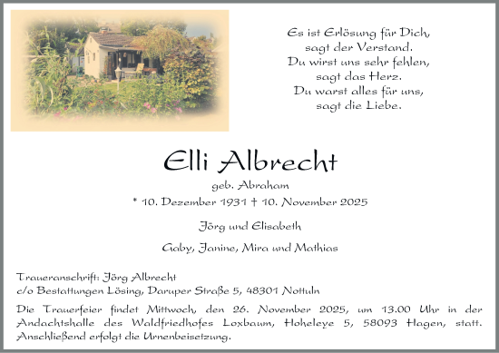 Traueranzeige von Elli Albrecht von Tageszeitung