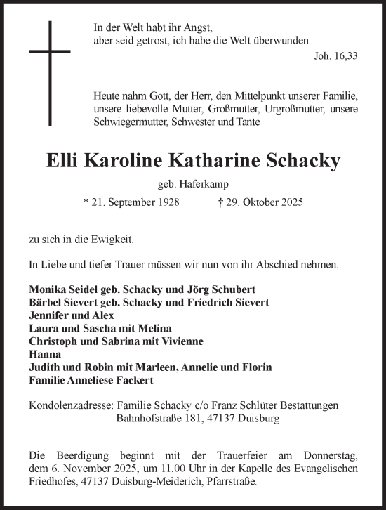 Traueranzeige von Elli Karoline Katharine Schacky von Tageszeitung