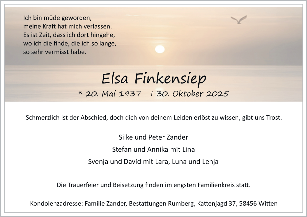  Traueranzeige für Elsa Finkensiep vom 08.11.2025 aus Tageszeitung