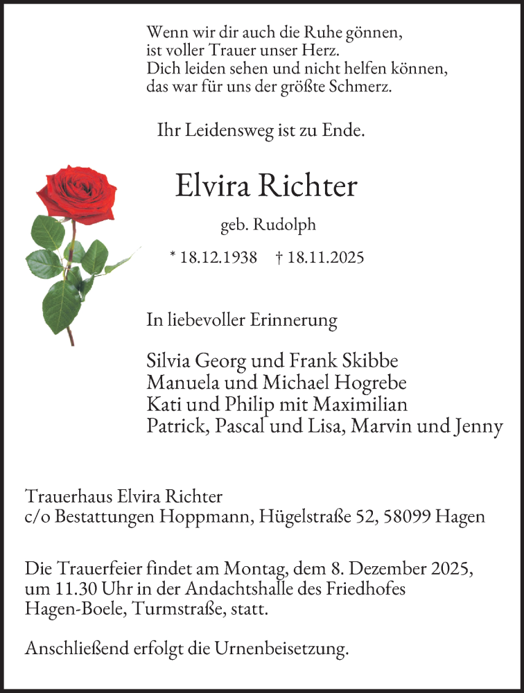  Traueranzeige für Elvira Richter vom 29.11.2025 aus Tageszeitung