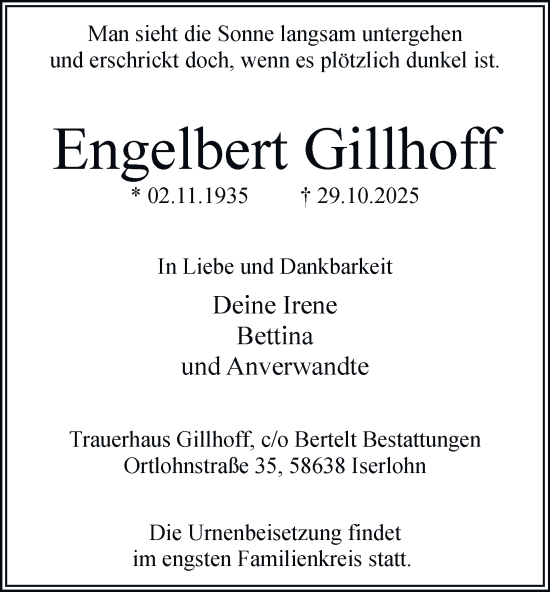 Traueranzeige von Engelbert Gillhoff von Tageszeitung