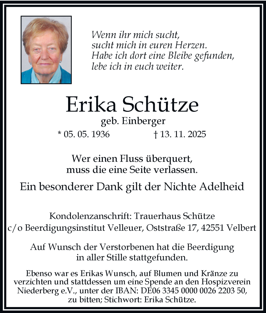  Traueranzeige für Erika Schütze vom 22.11.2025 aus Tageszeitung