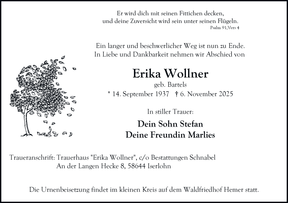  Traueranzeige für Erika Wollner vom 22.11.2025 aus Tageszeitung