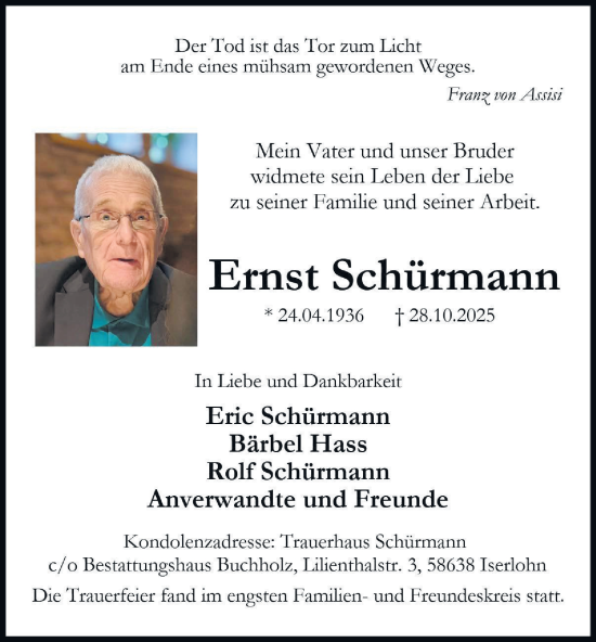 Traueranzeige von Ernst Schürmann von Tageszeitung