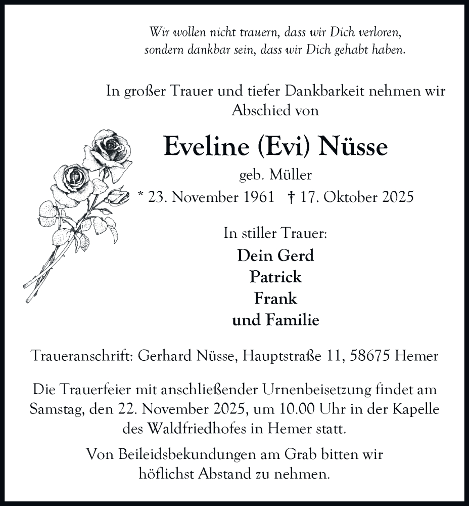  Traueranzeige für Eveline Nüsse vom 15.11.2025 aus Tageszeitung