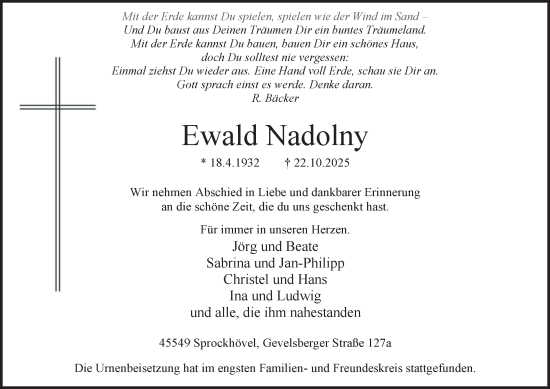 Traueranzeige von Ewald Nadolny von Tageszeitung