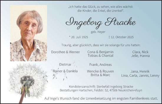 Traueranzeige von Ingeborg Stracke von Tageszeitung