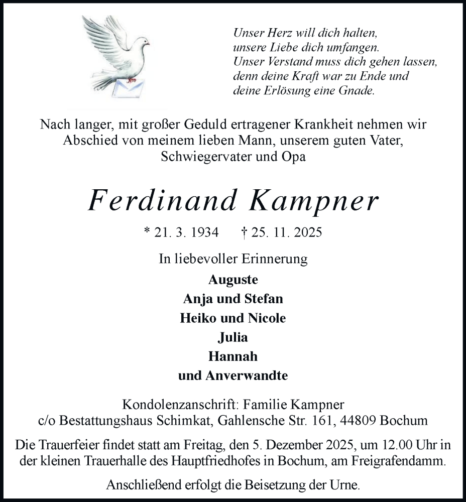  Traueranzeige für Ferdinand Kampner vom 29.11.2025 aus Tageszeitung