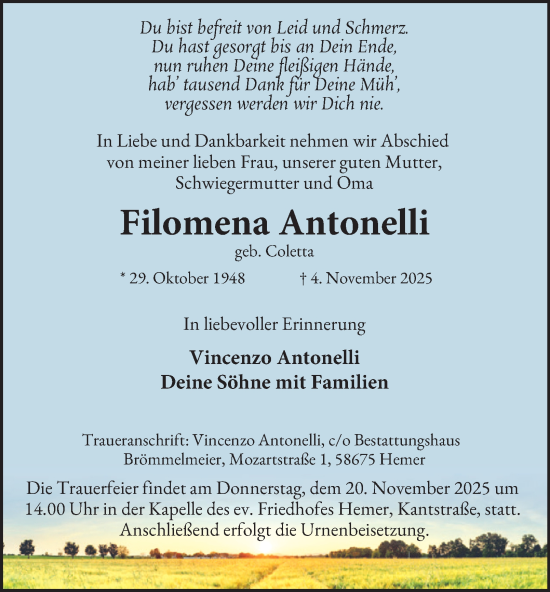 Traueranzeige von Filomena Antonelli von Tageszeitung