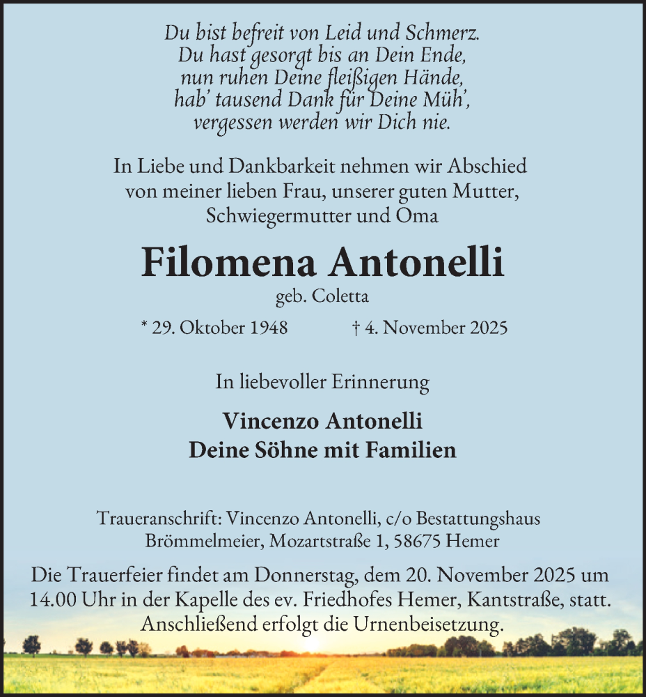  Traueranzeige für Filomena Antonelli vom 15.11.2025 aus Tageszeitung