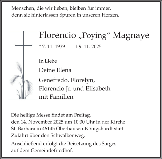 Traueranzeige von Florencio Magnaye von Tageszeitung