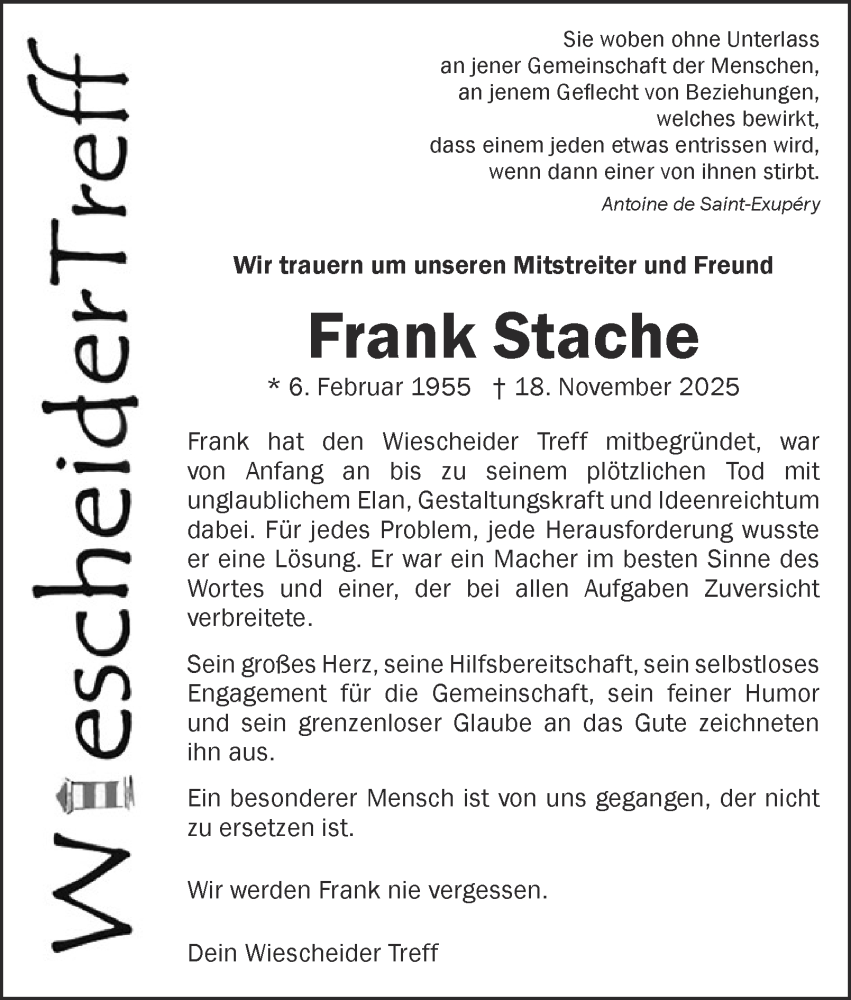  Traueranzeige für Frank Stache vom 29.11.2025 aus Tageszeitung