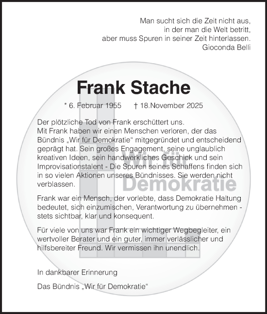 Traueranzeige von Frank Stache von Tageszeitung