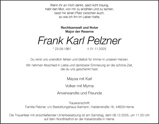 Traueranzeige von Frank Karl Pelzner von Tageszeitung