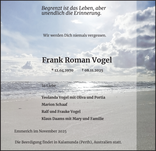 Traueranzeige von Frank Roman Vogel von Tageszeitung