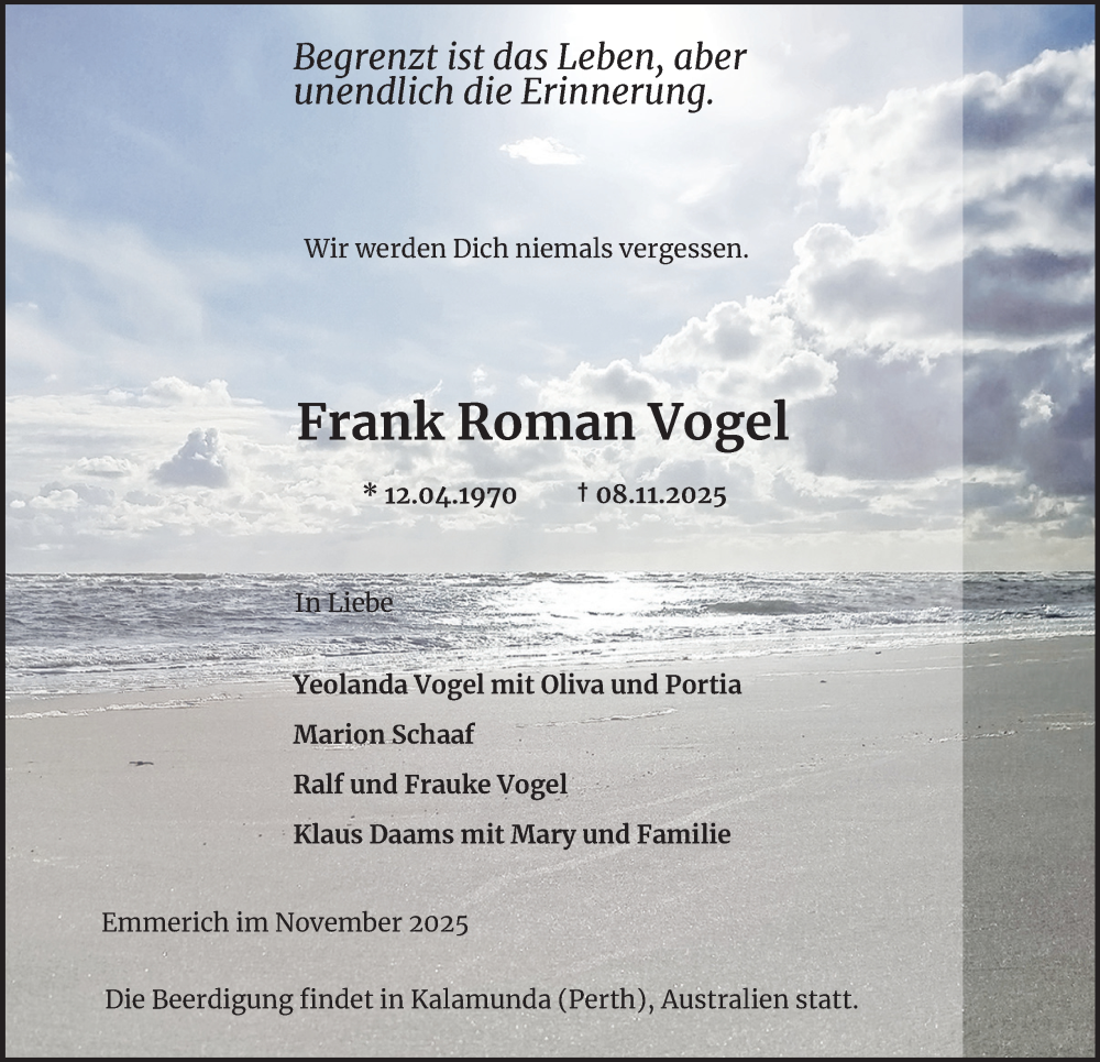  Traueranzeige für Frank Roman Vogel vom 15.11.2025 aus Tageszeitung