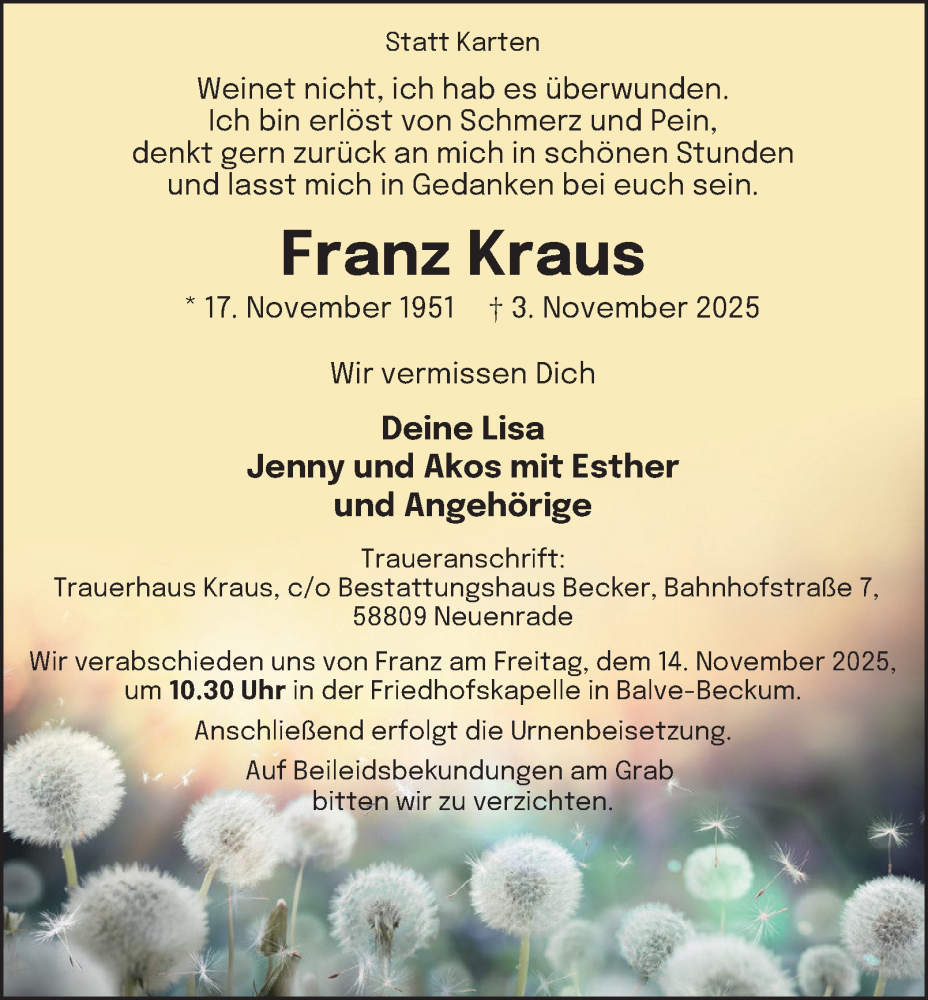  Traueranzeige für Franz Kraus vom 08.11.2025 aus Tageszeitung