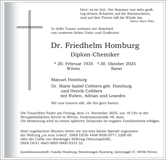 Traueranzeige von Friedhelm Homburg von Tageszeitung