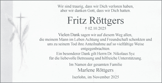Traueranzeige von Fritz Röttgers von Tageszeitung