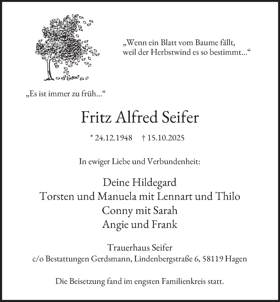  Traueranzeige für Fritz Alfred Seifer vom 15.11.2025 aus Tageszeitung