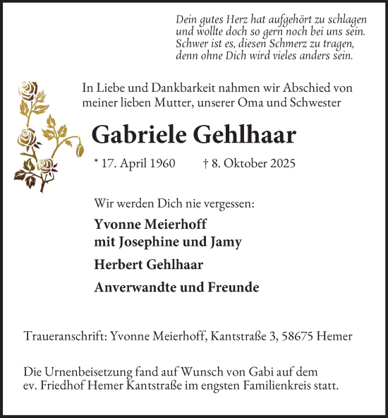 Traueranzeige von Gabriele Gehlhaar von Tageszeitung