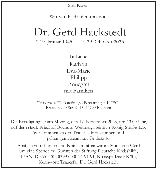 Traueranzeige von Gerd Hackstedt von Tageszeitung