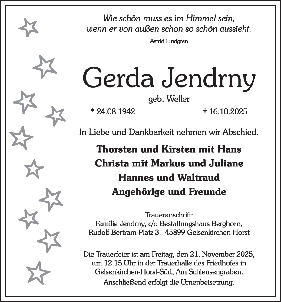  Traueranzeige für Gerda Jendrny vom 15.11.2025 aus Tageszeitung