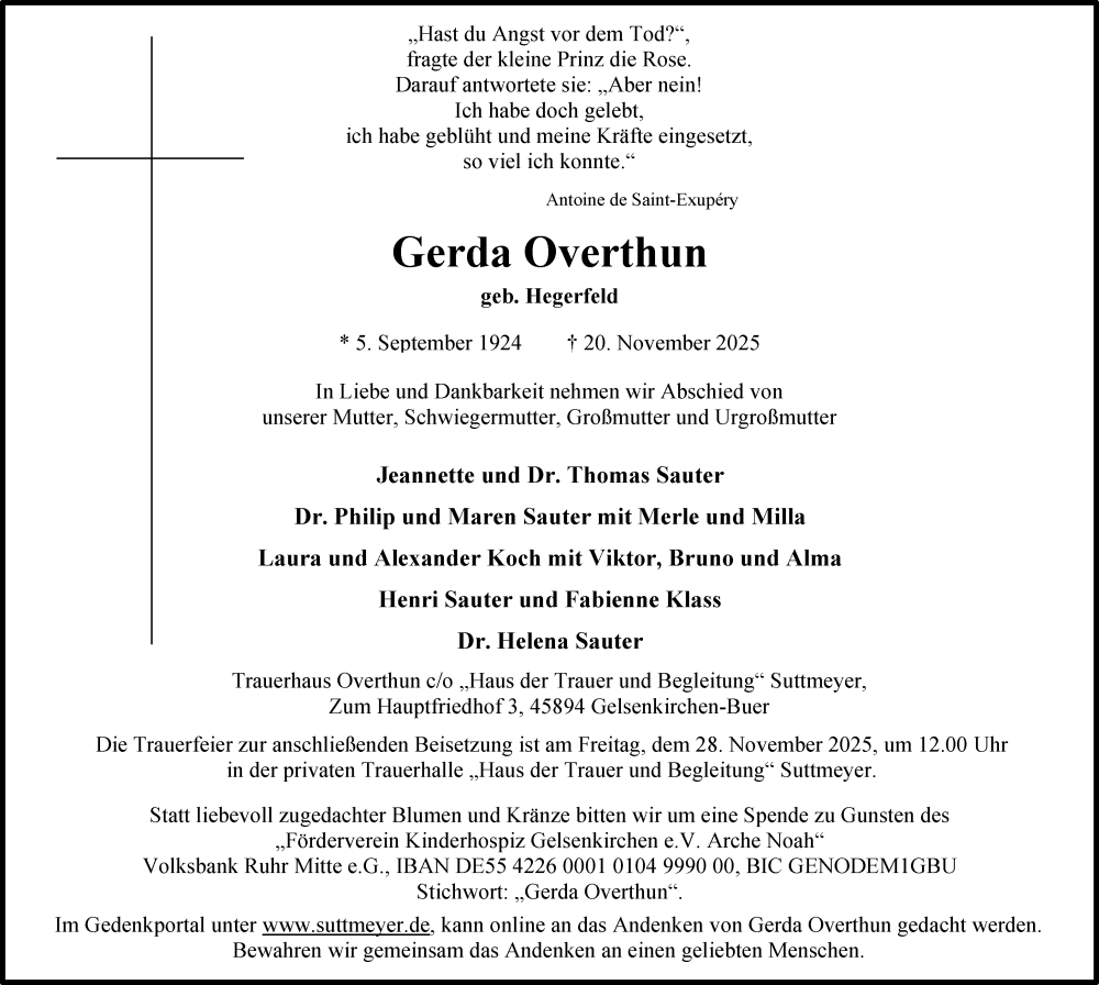  Traueranzeige für Gerda Overthun vom 26.11.2025 aus Tageszeitung