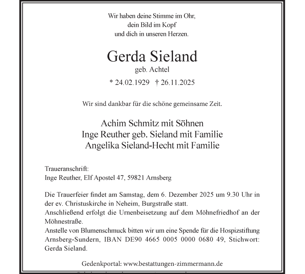  Traueranzeige für Gerda Sieland vom 29.11.2025 aus Tageszeitung