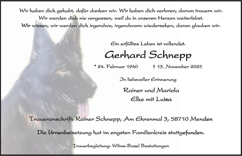  Traueranzeige für Gerhard Schnepp vom 29.11.2025 aus Tageszeitung