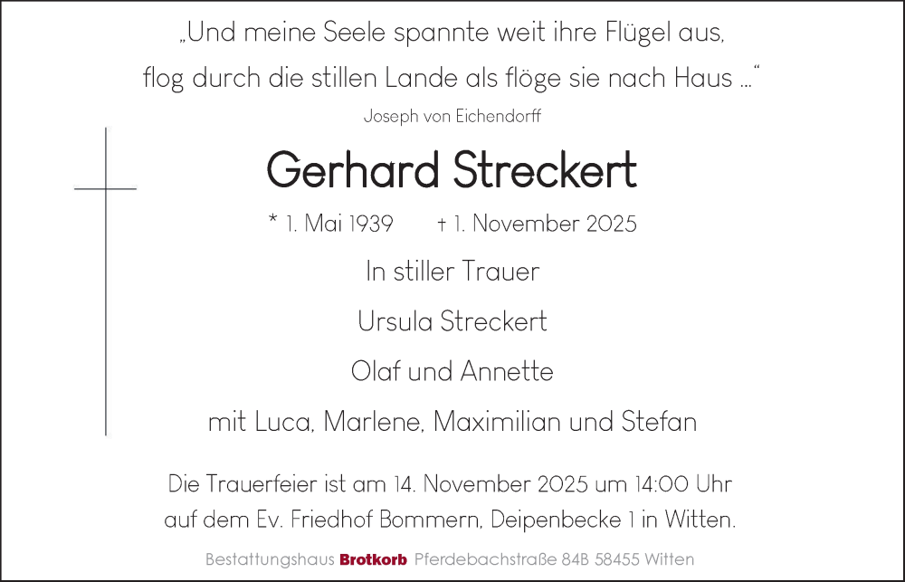  Traueranzeige für Gerhard Streckert vom 08.11.2025 aus Tageszeitung