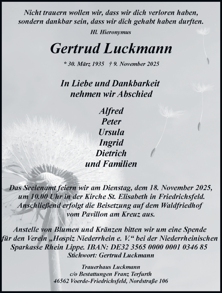  Traueranzeige für Gertrud Luckmann vom 15.11.2025 aus Tageszeitung