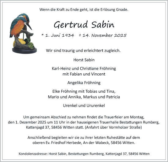 Traueranzeige von Gertrud Sabin von Tageszeitung