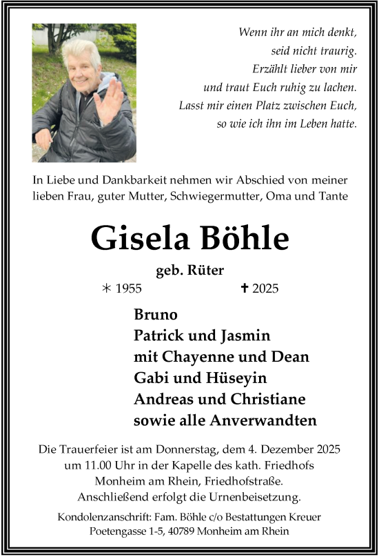 Traueranzeige von Gisela Böhle von Tageszeitung