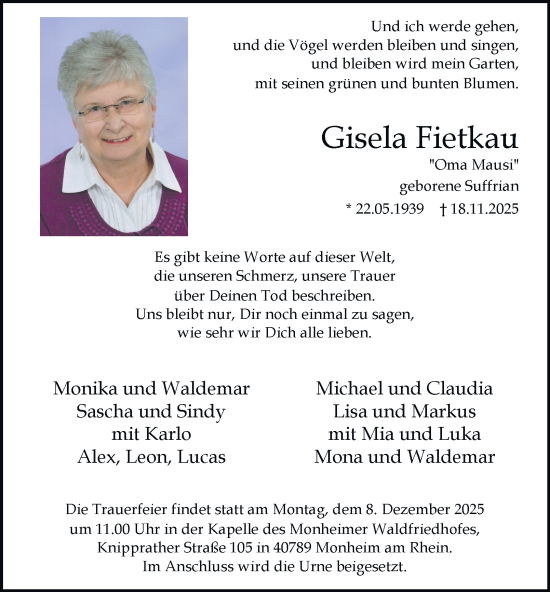 Traueranzeige von Gisela Fietkau von Tageszeitung