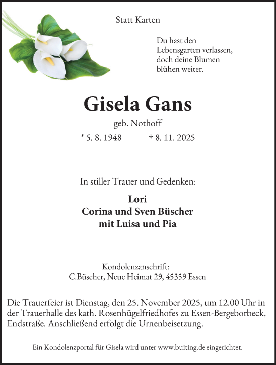 Traueranzeige von Gisela Gans von Tageszeitung